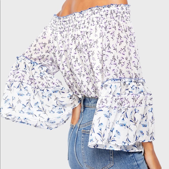 Free People Rose Valley Off the Shoulder Long Fluted Sleeve Floral Crop Top - Picture 2 of 7